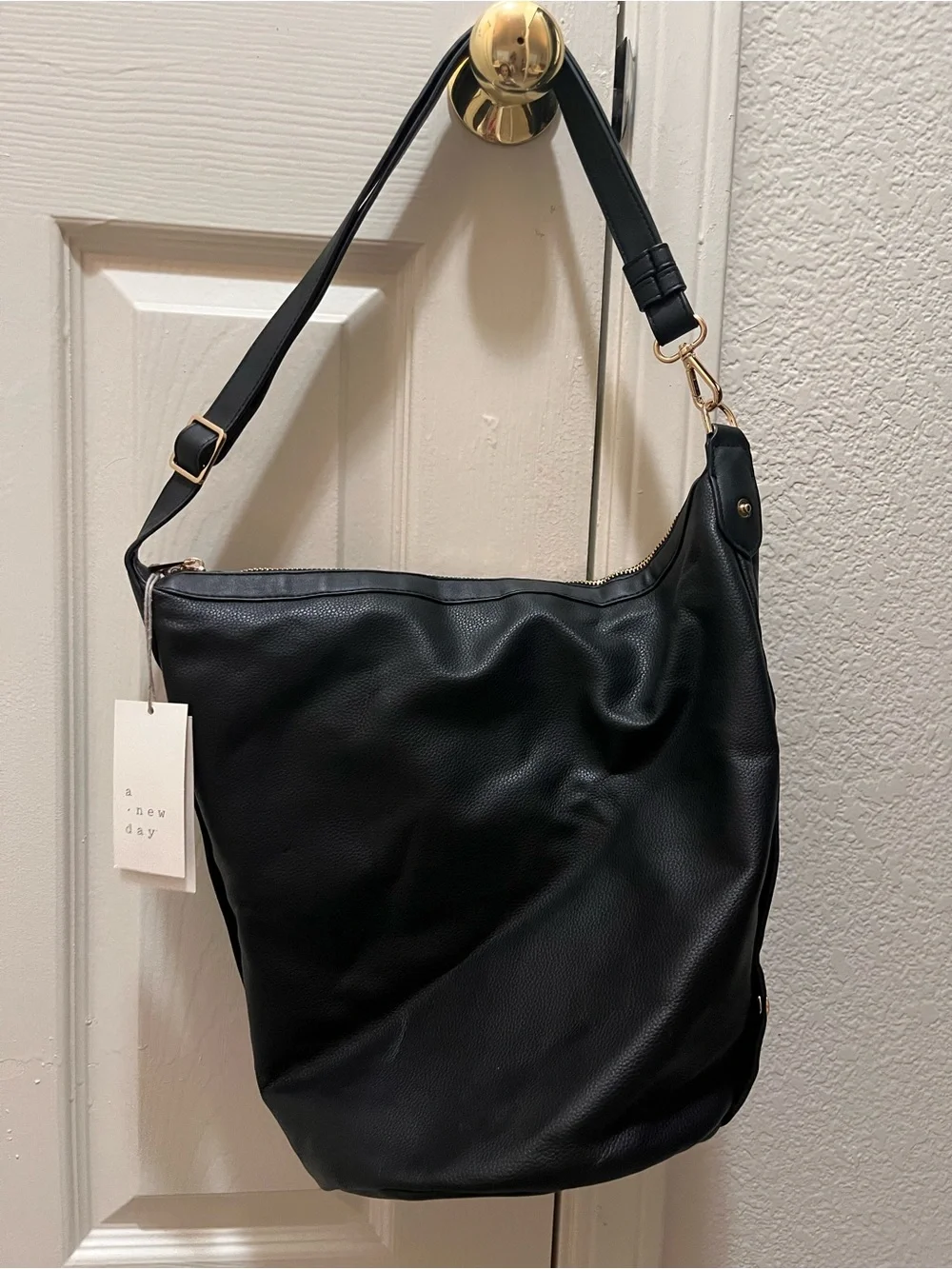 a new day Black Faux Leather Shoulder Hobo Bag with Gold Hardware